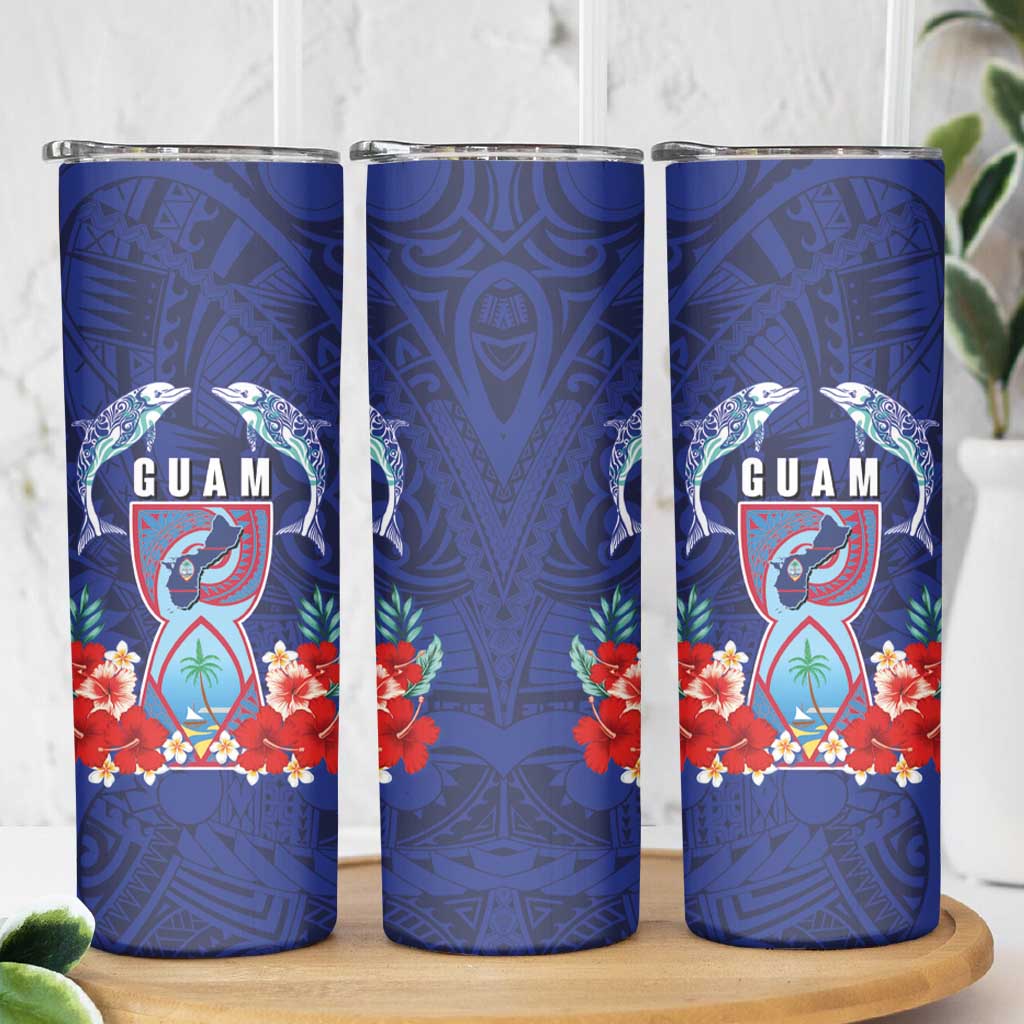 Guam Liberation Day Skinny Tumbler The Tribal Latte Stone and Dolphins with Hibiscus Chamorro Culture LT03 - Polynesian Pride