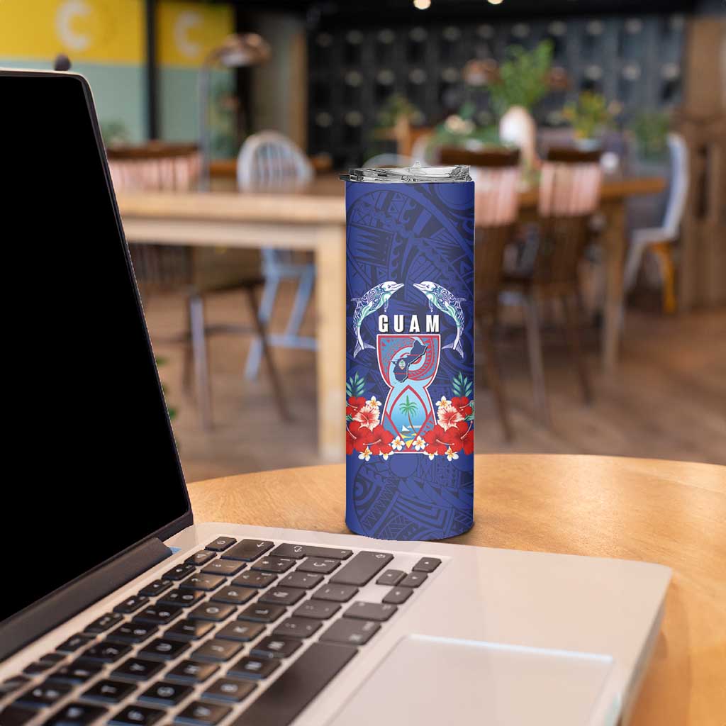 Guam Liberation Day Skinny Tumbler The Tribal Latte Stone and Dolphins with Hibiscus Chamorro Culture LT03 - Polynesian Pride