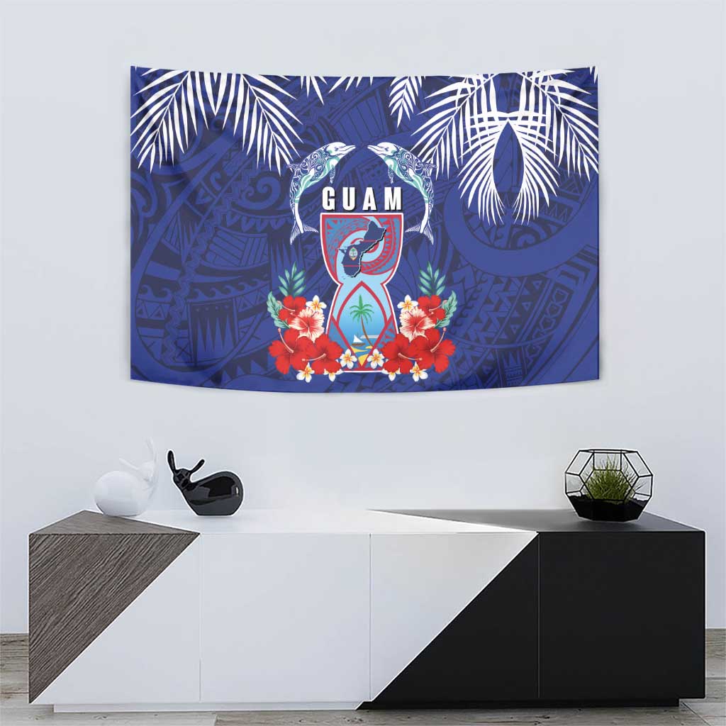 Guam Liberation Day Tapestry The Tribal Latte Stone and Dolphins with Hibiscus Chamorro Culture