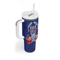 Guam Liberation Day Tumbler With Handle The Tribal Latte Stone and Dolphins with Hibiscus Chamorro Culture