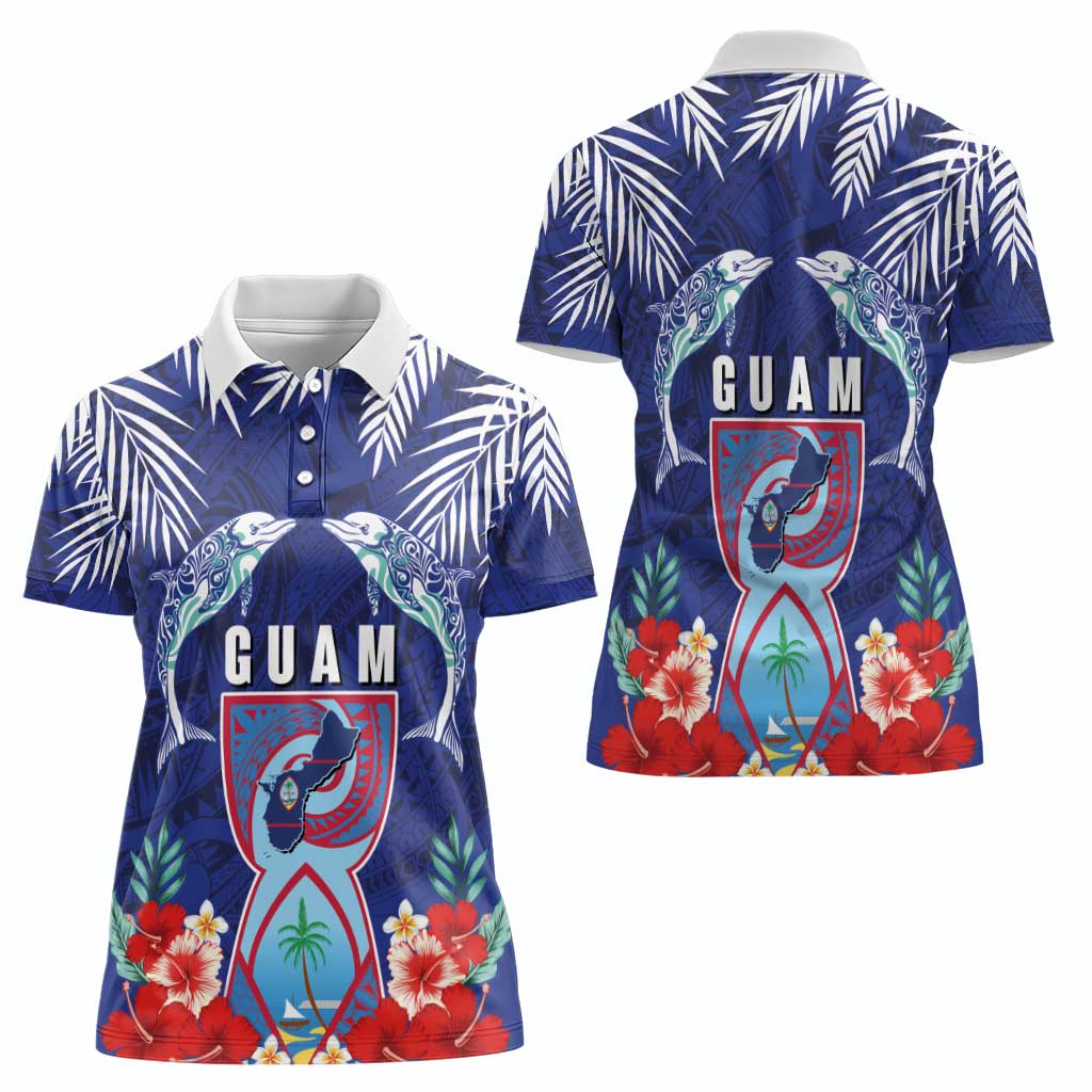 Guam Liberation Day Women Polo Shirt The Tribal Latte Stone and Dolphins with Hibiscus Chamorro Culture LT03 - Polynesian Pride