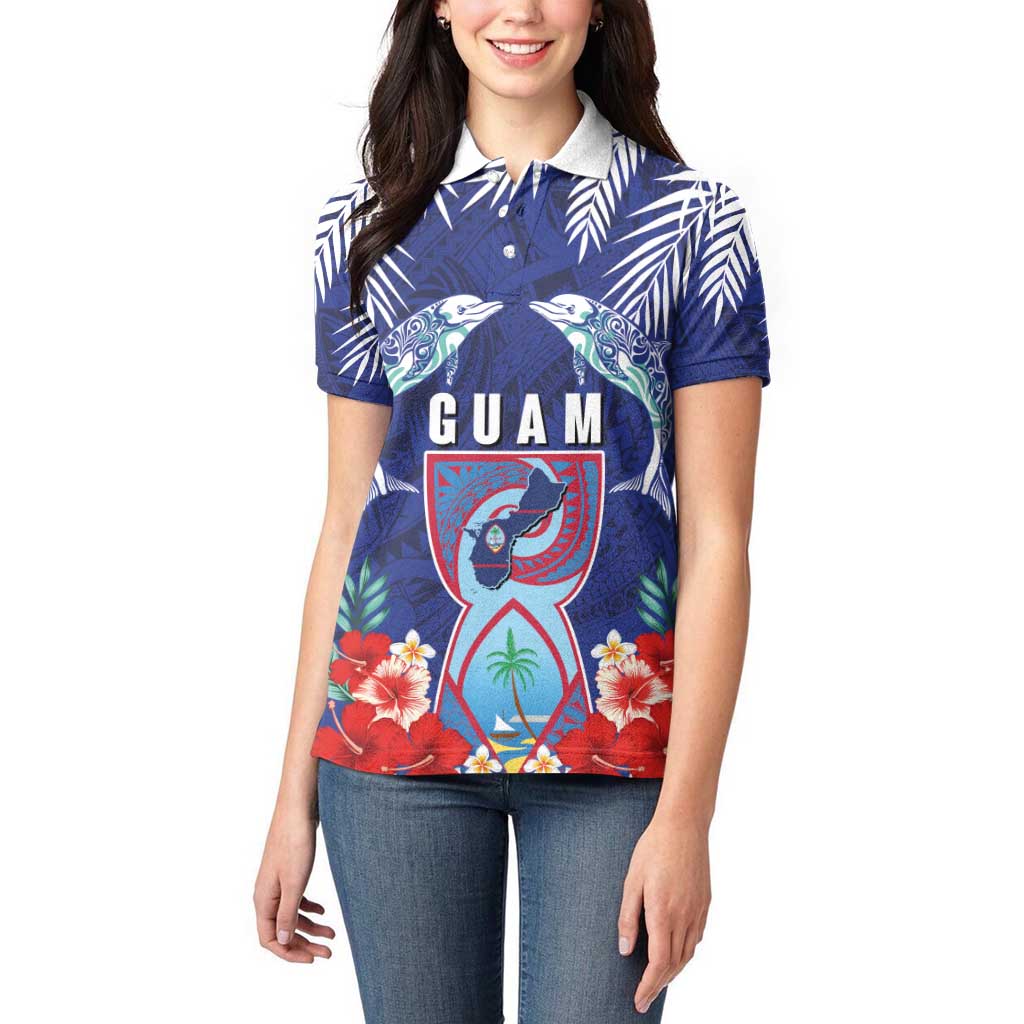 Guam Liberation Day Women Polo Shirt The Tribal Latte Stone and Dolphins with Hibiscus Chamorro Culture LT03 - Polynesian Pride