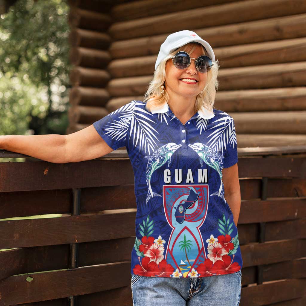 Guam Liberation Day Women Polo Shirt The Tribal Latte Stone and Dolphins with Hibiscus Chamorro Culture LT03 - Polynesian Pride