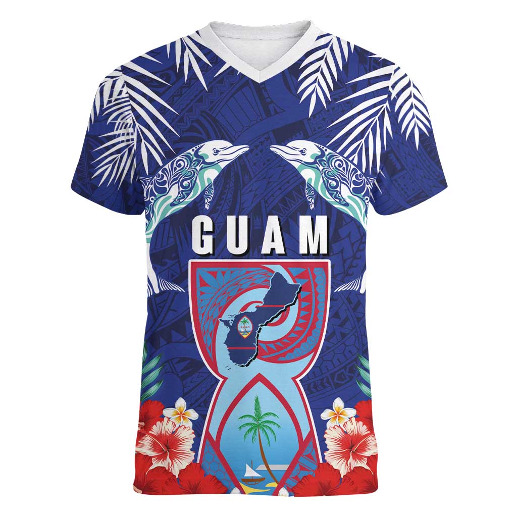 Guam Liberation Day Women V-Neck T-Shirt The Tribal Latte Stone and Dolphins with Hibiscus Chamorro Culture