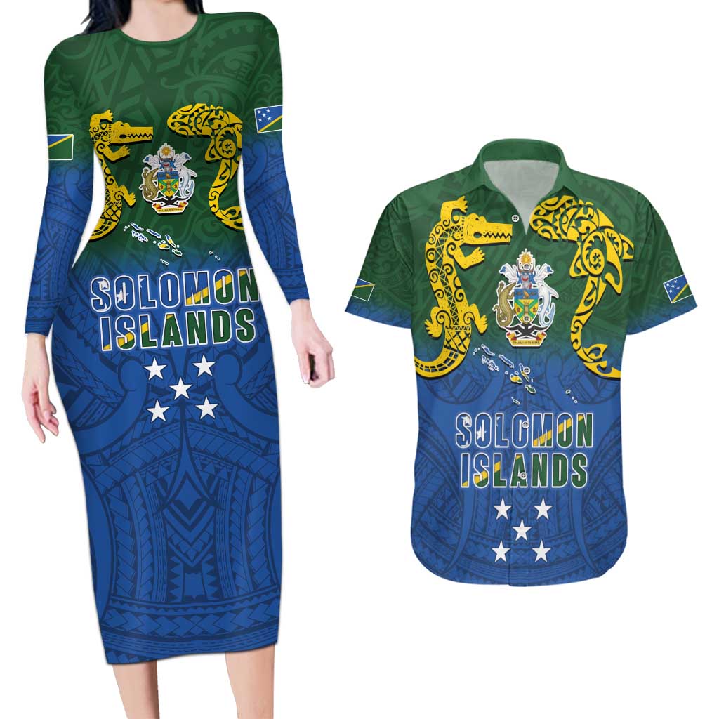 Solomon Islands Couples Matching Long Sleeve Bodycon Dress and Hawaiian Shirt The Guardians-Tribal Crocodile and Shark Melanesian Tattoo LT03 Green - Polynesian Pride