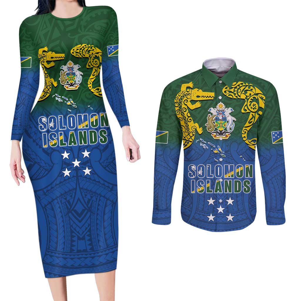 Solomon Islands Couples Matching Long Sleeve Bodycon Dress and Long Sleeve Button Shirt The Guardians-Tribal Crocodile and Shark Melanesian Tattoo LT03 Green - Polynesian Pride