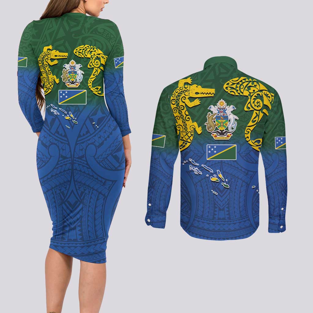Solomon Islands Couples Matching Long Sleeve Bodycon Dress and Long Sleeve Button Shirt The Guardians-Tribal Crocodile and Shark Melanesian Tattoo LT03 - Polynesian Pride