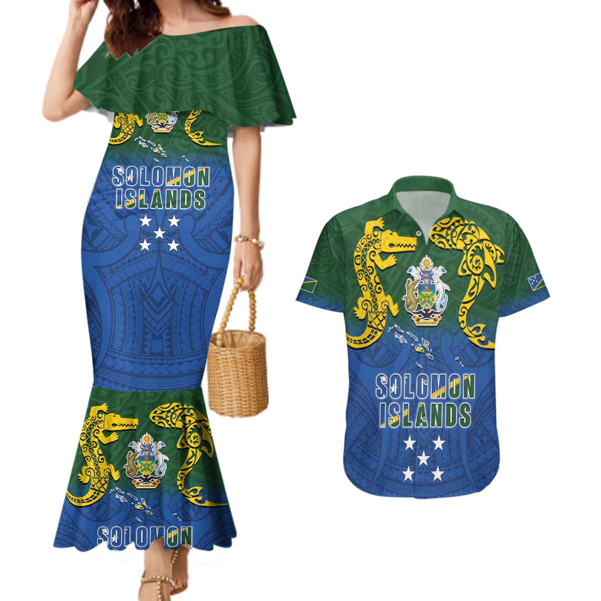 Solomon Islands Couples Matching Mermaid Dress and Hawaiian Shirt The Guardians-Tribal Crocodile and Shark Melanesian Tattoo LT03 Green - Polynesian Pride
