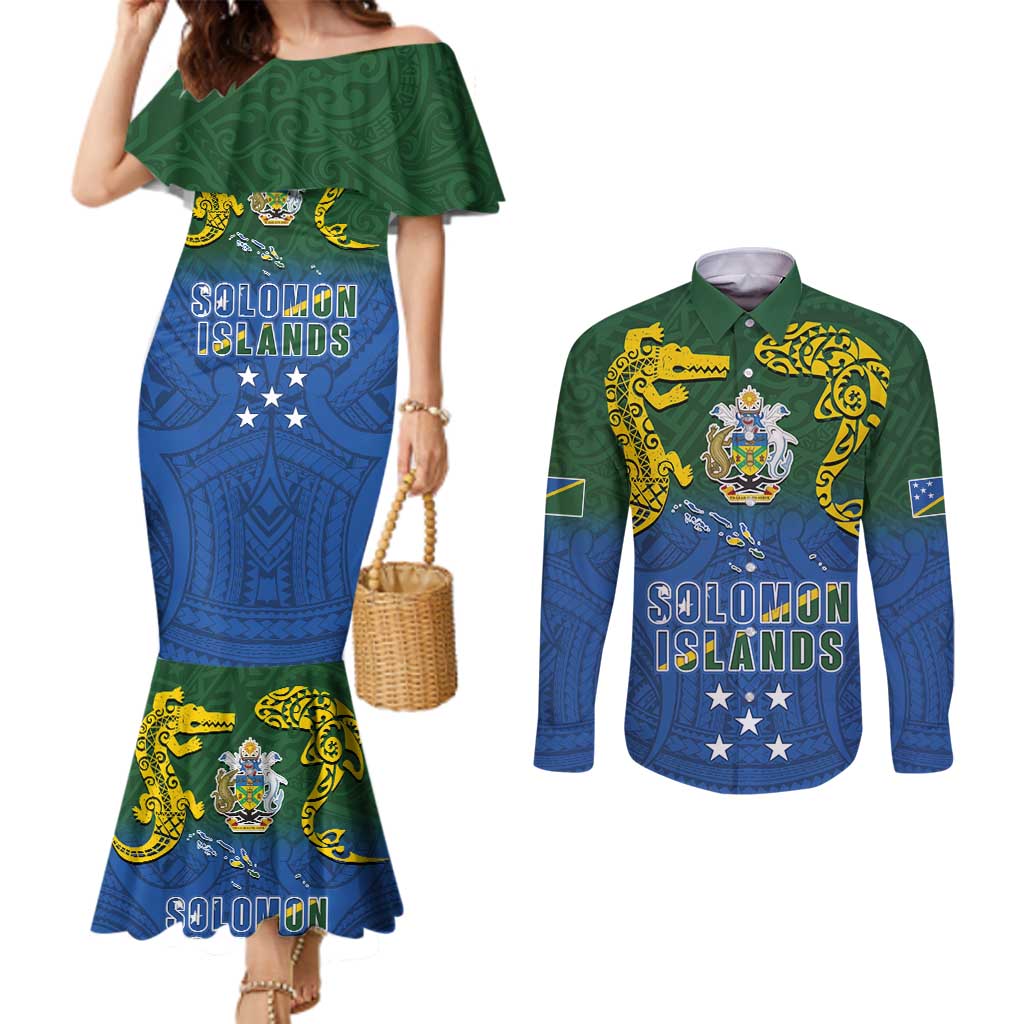 Solomon Islands Couples Matching Mermaid Dress and Long Sleeve Button Shirt The Guardians-Tribal Crocodile and Shark Melanesian Tattoo LT03 Green - Polynesian Pride