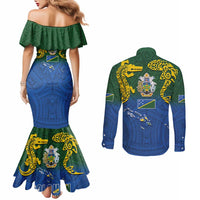 Solomon Islands Couples Matching Mermaid Dress and Long Sleeve Button Shirt The Guardians-Tribal Crocodile and Shark Melanesian Tattoo LT03 - Polynesian Pride