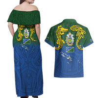 Solomon Islands Couples Matching Off Shoulder Maxi Dress and Hawaiian Shirt The Guardians-Tribal Crocodile and Shark Melanesian Tattoo LT03 - Polynesian Pride