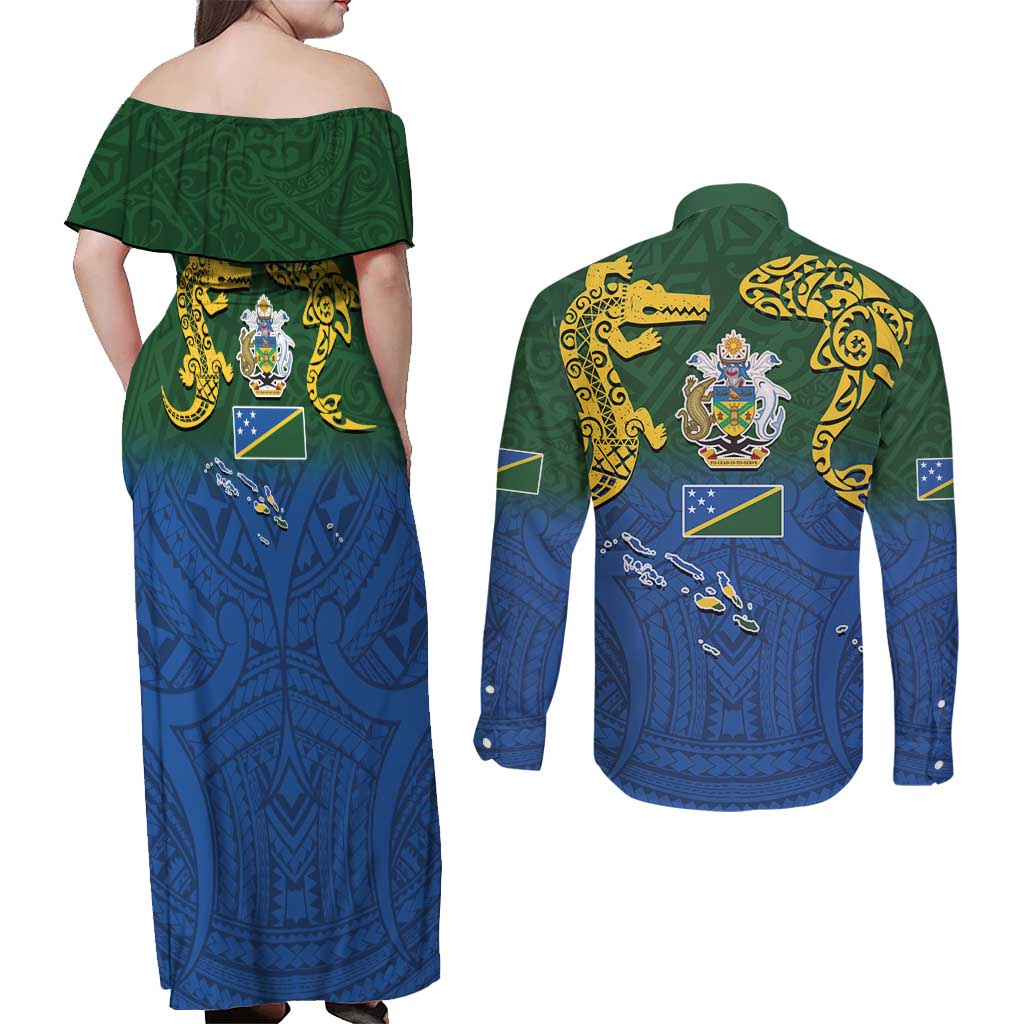Solomon Islands Couples Matching Off Shoulder Maxi Dress and Long Sleeve Button Shirt The Guardians-Tribal Crocodile and Shark Melanesian Tattoo LT03 - Polynesian Pride