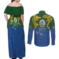 Solomon Islands Couples Matching Off Shoulder Maxi Dress and Long Sleeve Button Shirt The Guardians-Tribal Crocodile and Shark Melanesian Tattoo LT03 - Polynesian Pride