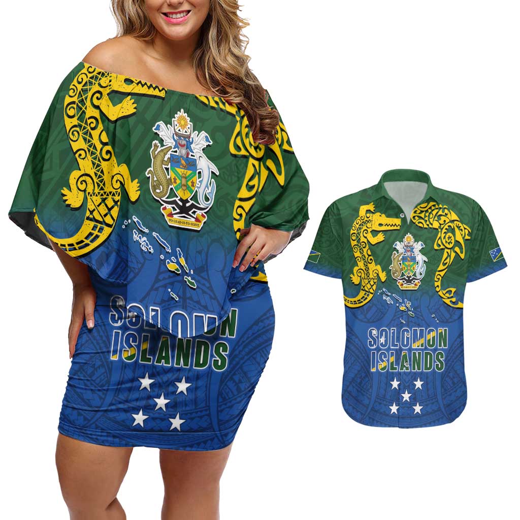 Solomon Islands Couples Matching Off Shoulder Short Dress and Hawaiian Shirt The Guardians-Tribal Crocodile and Shark Melanesian Tattoo