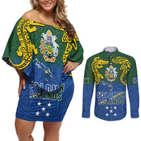 Solomon Islands Couples Matching Off Shoulder Short Dress and Long Sleeve Button Shirt The Guardians-Tribal Crocodile and Shark Melanesian Tattoo LT03 Green - Polynesian Pride