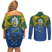 Solomon Islands Couples Matching Off Shoulder Short Dress and Long Sleeve Button Shirt The Guardians-Tribal Crocodile and Shark Melanesian Tattoo LT03 - Polynesian Pride