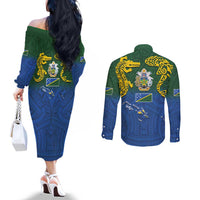 Solomon Islands Couples Matching Off The Shoulder Long Sleeve Dress and Long Sleeve Button Shirt The Guardians-Tribal Crocodile and Shark Melanesian Tattoo LT03 - Polynesian Pride