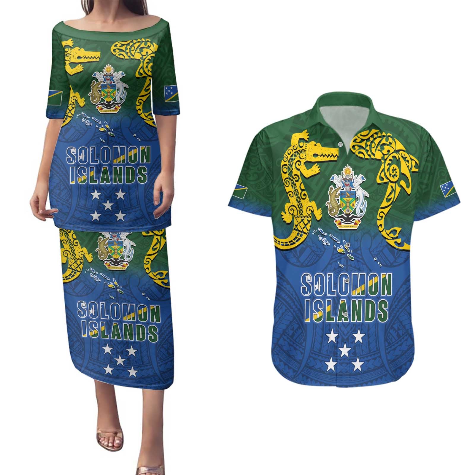 Solomon Islands Couples Matching Puletasi and Hawaiian Shirt The Guardians-Tribal Crocodile and Shark Melanesian Tattoo