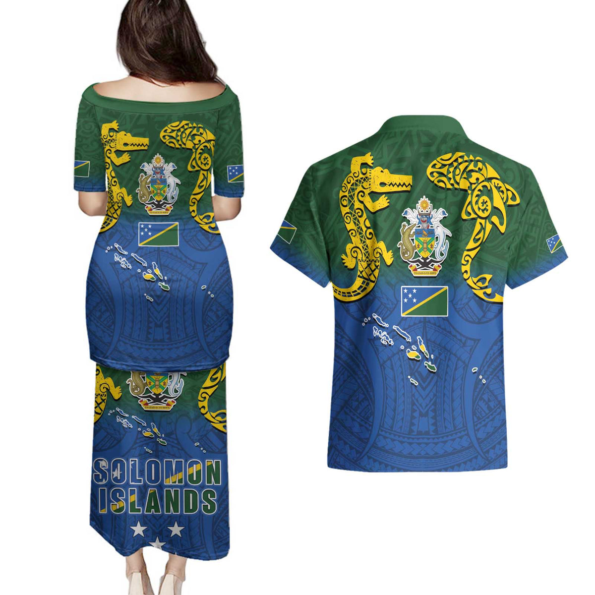 Solomon Islands Couples Matching Puletasi and Hawaiian Shirt The Guardians-Tribal Crocodile and Shark Melanesian Tattoo LT03 - Polynesian Pride