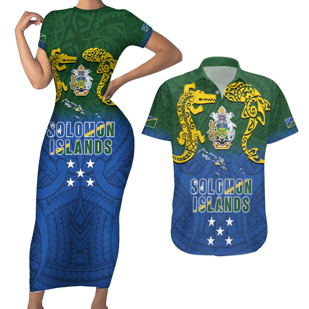 Solomon Islands Couples Matching Short Sleeve Bodycon Dress and Hawaiian Shirt The Guardians-Tribal Crocodile and Shark Melanesian Tattoo LT03 Green - Polynesian Pride