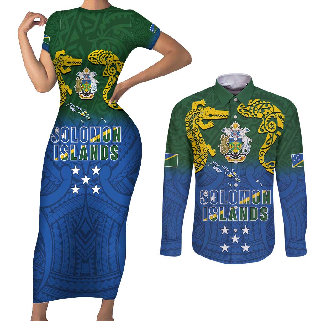 Solomon Islands Couples Matching Short Sleeve Bodycon Dress and Long Sleeve Button Shirt The Guardians-Tribal Crocodile and Shark Melanesian Tattoo LT03 Green - Polynesian Pride