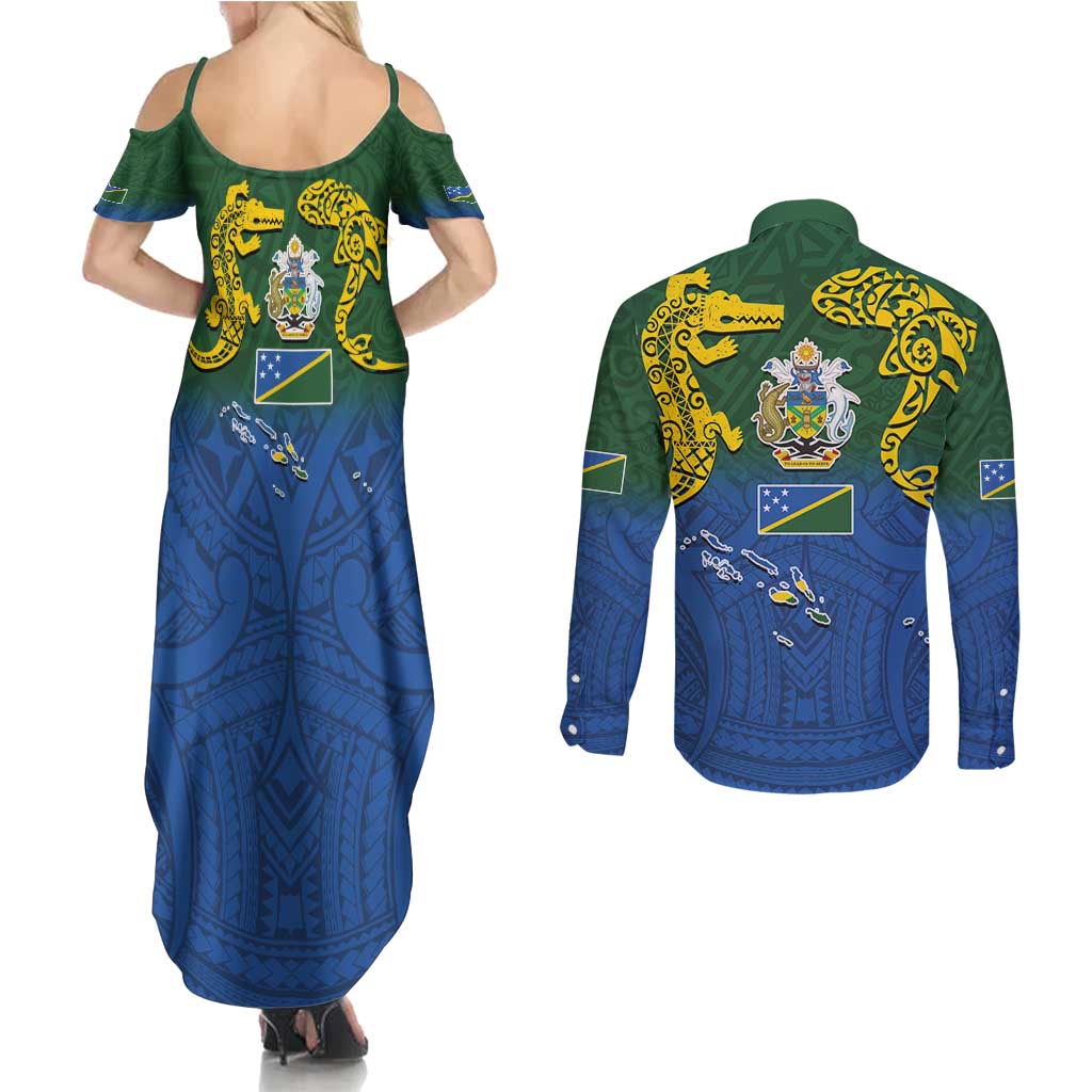 Solomon Islands Couples Matching Summer Maxi Dress and Long Sleeve Button Shirt The Guardians-Tribal Crocodile and Shark Melanesian Tattoo LT03 - Polynesian Pride