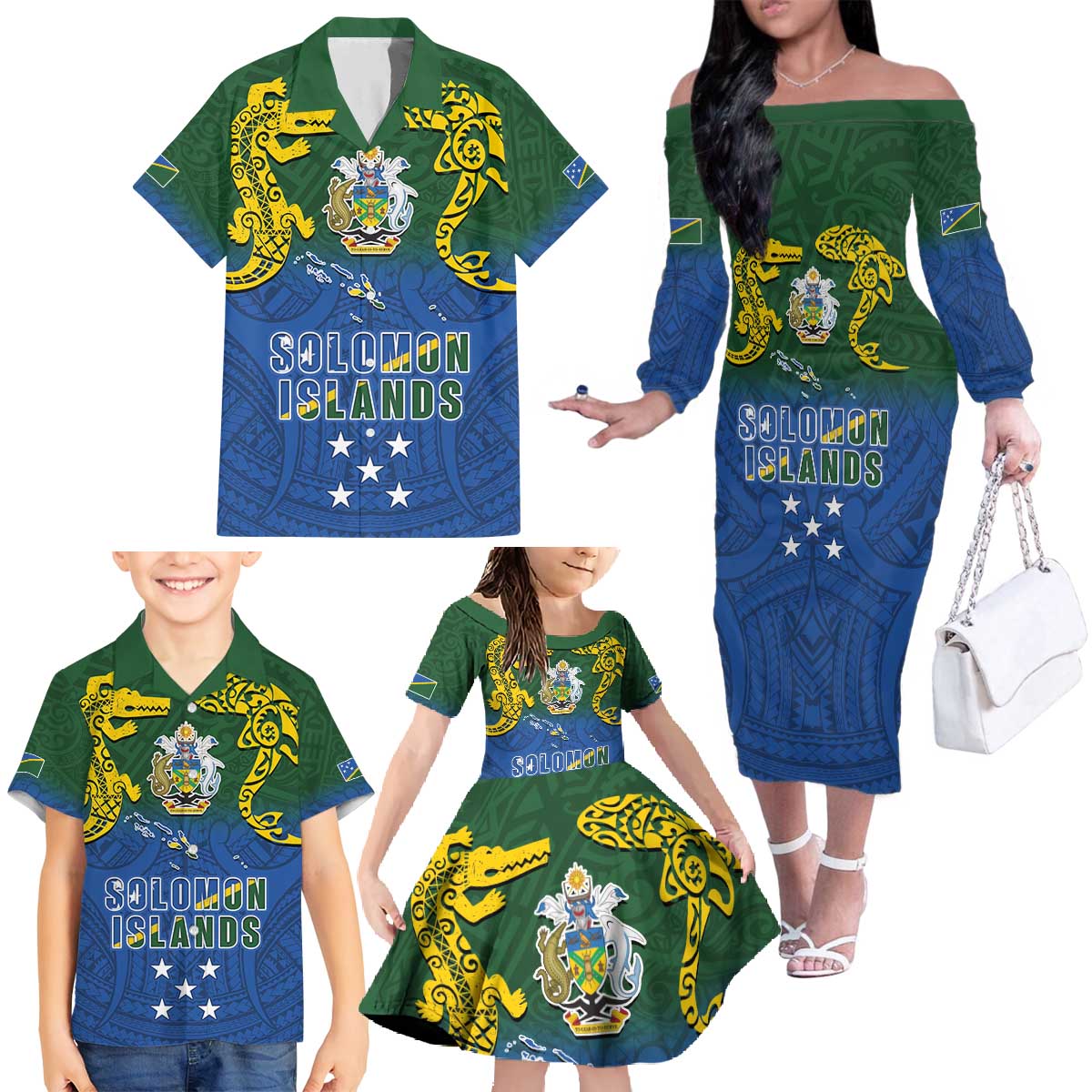 Solomon Islands Family Matching Off The Shoulder Long Sleeve Dress and Hawaiian Shirt The Guardians-Tribal Crocodile and Shark Melanesian Tattoo LT03 - Polynesian Pride