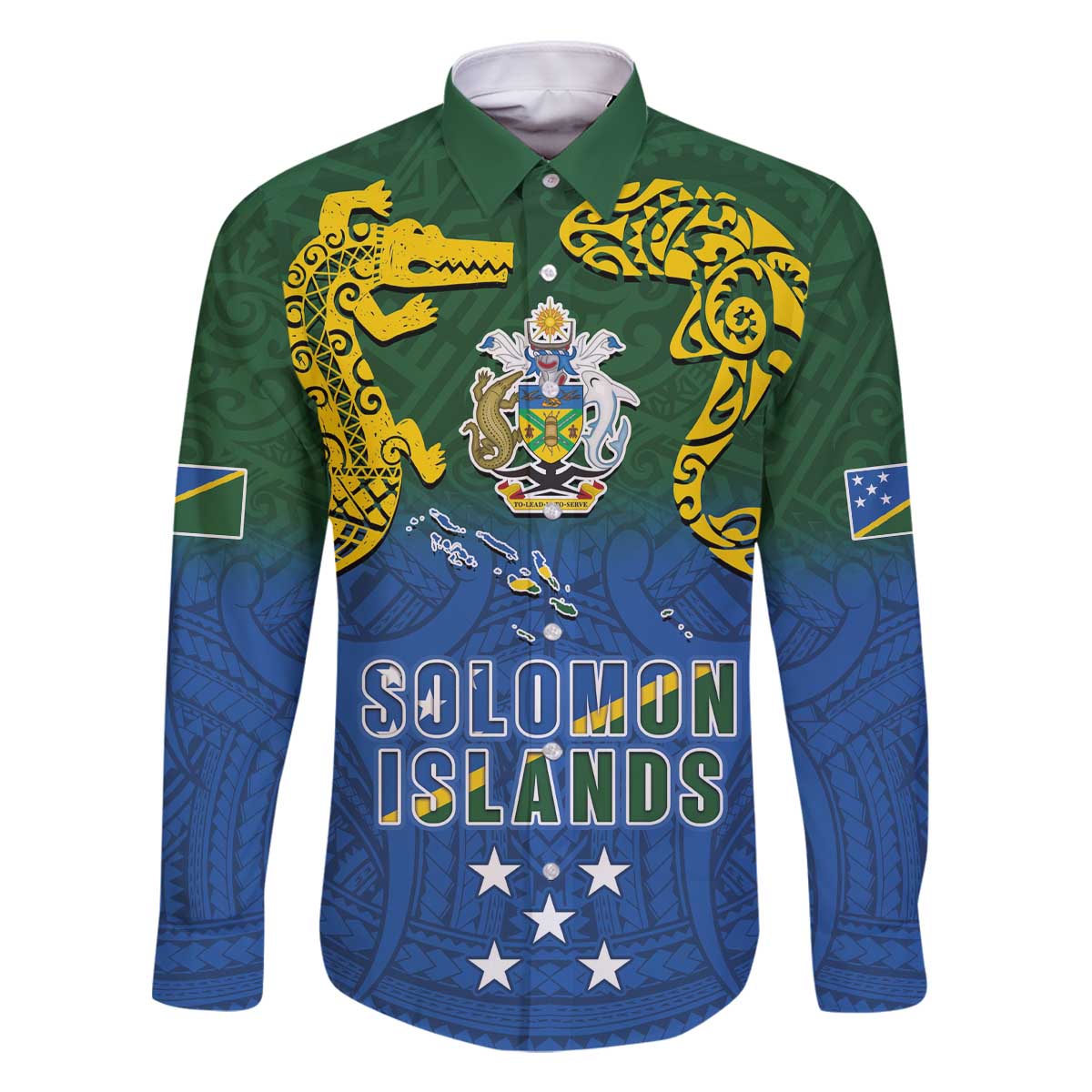 Solomon Islands Family Matching Off The Shoulder Long Sleeve Dress and Hawaiian Shirt The Guardians-Tribal Crocodile and Shark Melanesian Tattoo LT03 Dad's Shirt - Long Sleeve Green - Polynesian Pride