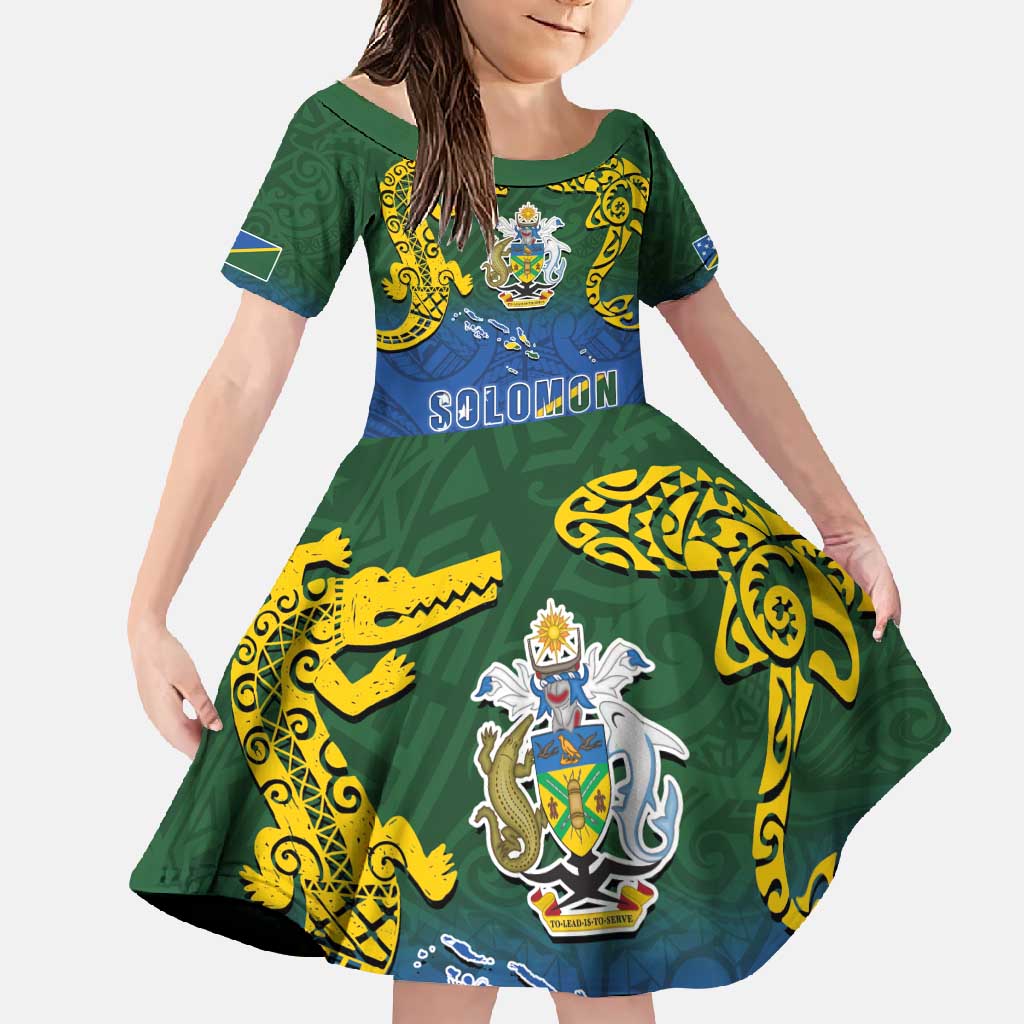 Solomon Islands Family Matching Off Shoulder Maxi Dress and Hawaiian Shirt The Guardians-Tribal Crocodile and Shark Melanesian Tattoo LT03 Daughter's Dress Green - Polynesian Pride