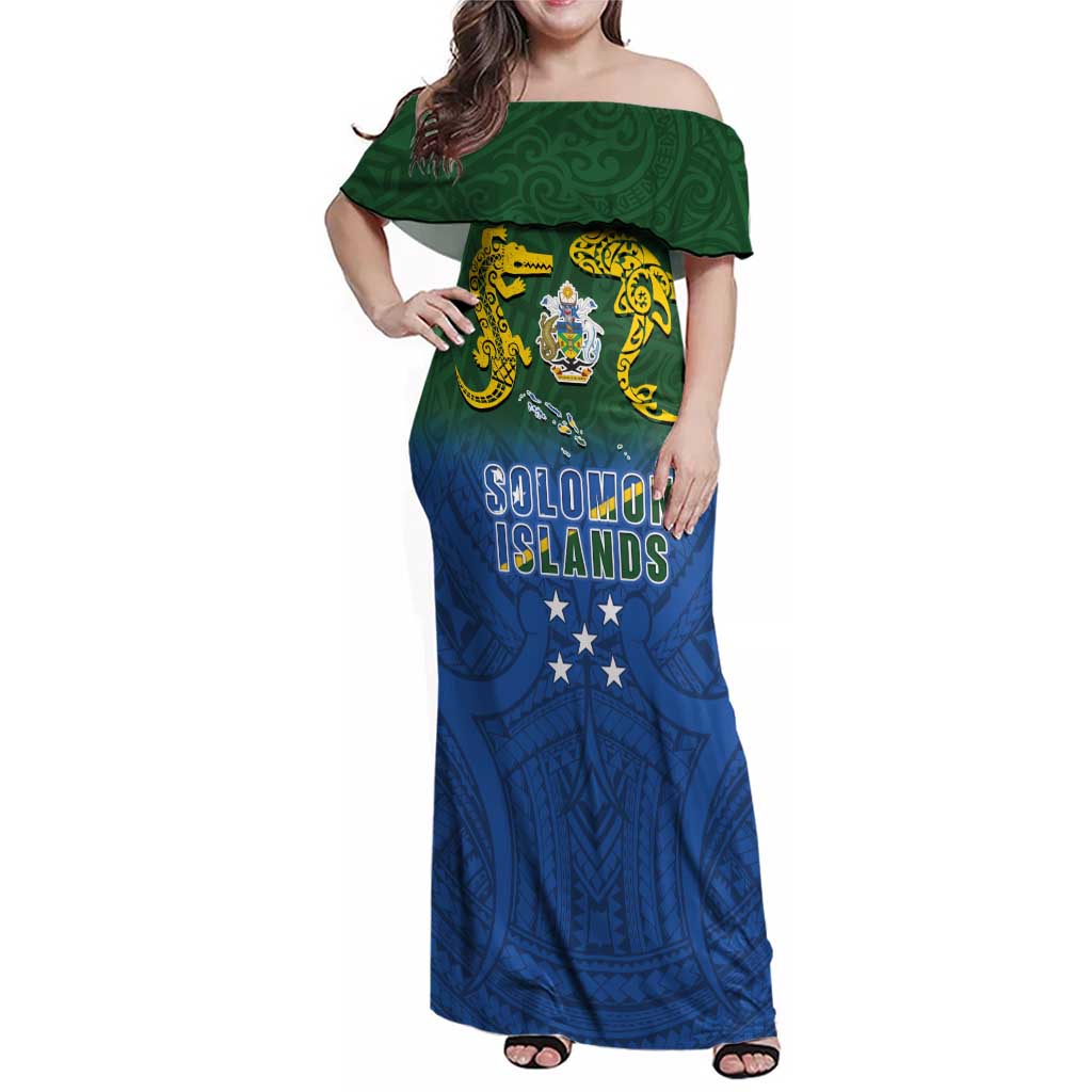 Solomon Islands Family Matching Off Shoulder Maxi Dress and Hawaiian Shirt The Guardians-Tribal Crocodile and Shark Melanesian Tattoo LT03 Mom's Dress Green - Polynesian Pride