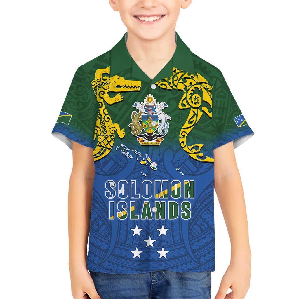 Solomon Islands Family Matching Off Shoulder Maxi Dress and Hawaiian Shirt The Guardians-Tribal Crocodile and Shark Melanesian Tattoo LT03 Son's Shirt Green - Polynesian Pride
