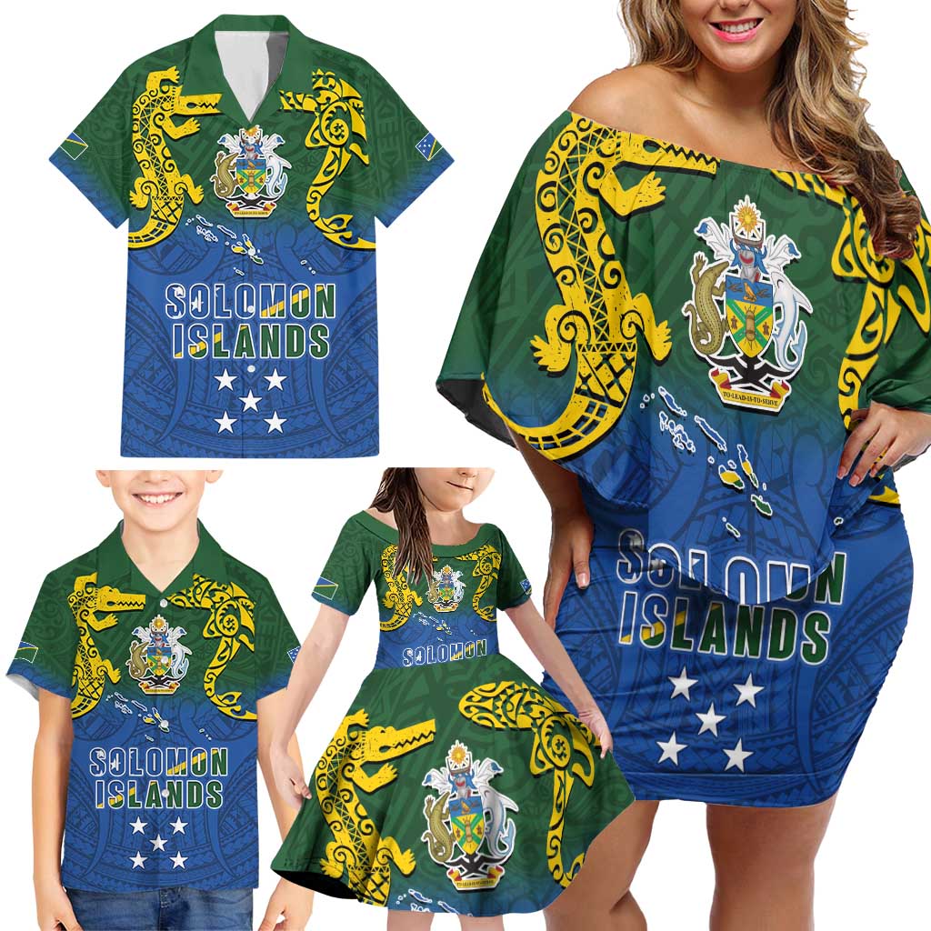 Solomon Islands Family Matching Off Shoulder Short Dress and Hawaiian Shirt The Guardians-Tribal Crocodile and Shark Melanesian Tattoo LT03 - Polynesian Pride