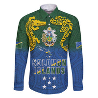 Solomon Islands Family Matching Off Shoulder Short Dress and Hawaiian Shirt The Guardians-Tribal Crocodile and Shark Melanesian Tattoo LT03 Dad's Shirt - Long Sleeve Green - Polynesian Pride