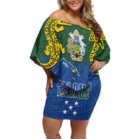 Solomon Islands Family Matching Off Shoulder Short Dress and Hawaiian Shirt The Guardians-Tribal Crocodile and Shark Melanesian Tattoo LT03 Mom's Dress Green - Polynesian Pride