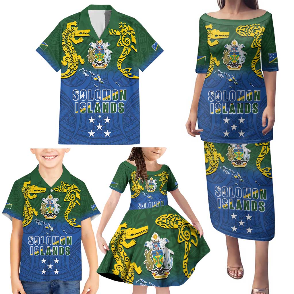 Solomon Islands Family Matching Puletasi and Hawaiian Shirt The Guardians-Tribal Crocodile and Shark Melanesian Tattoo