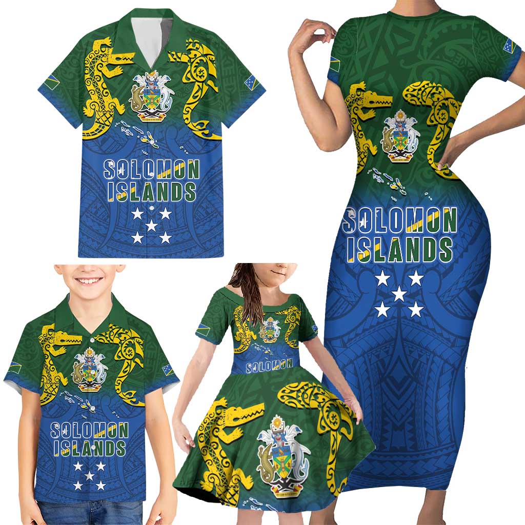 Solomon Islands Family Matching Short Sleeve Bodycon Dress and Hawaiian Shirt The Guardians-Tribal Crocodile and Shark Melanesian Tattoo LT03 - Polynesian Pride