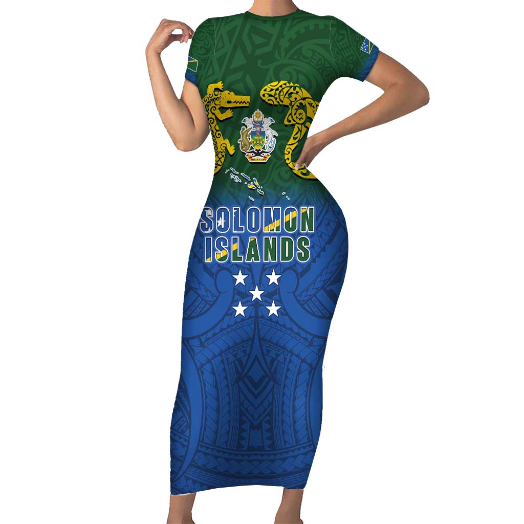 Solomon Islands Family Matching Short Sleeve Bodycon Dress and Hawaiian Shirt The Guardians-Tribal Crocodile and Shark Melanesian Tattoo LT03 Mom's Dress Green - Polynesian Pride