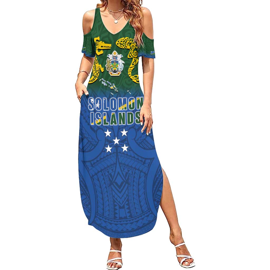 Solomon Islands Family Matching Summer Maxi Dress and Hawaiian Shirt The Guardians-Tribal Crocodile and Shark Melanesian Tattoo LT03 Mom's Dress Green - Polynesian Pride