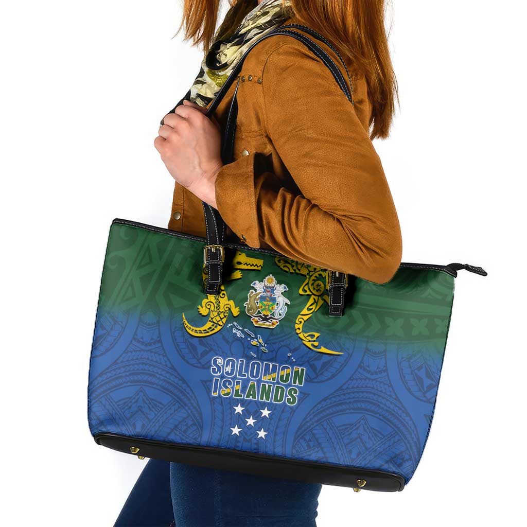 Solomon Islands Leather Tote Bag The Guardians-Tribal Crocodile and Shark Melanesian Tattoo