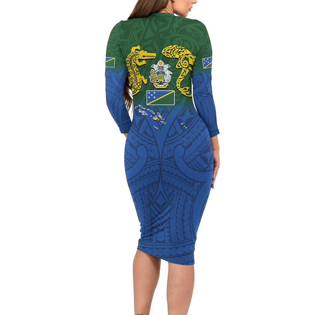 Solomon Islands Long Sleeve Bodycon Dress The Guardians-Tribal Crocodile and Shark Melanesian Tattoo LT03 - Polynesian Pride
