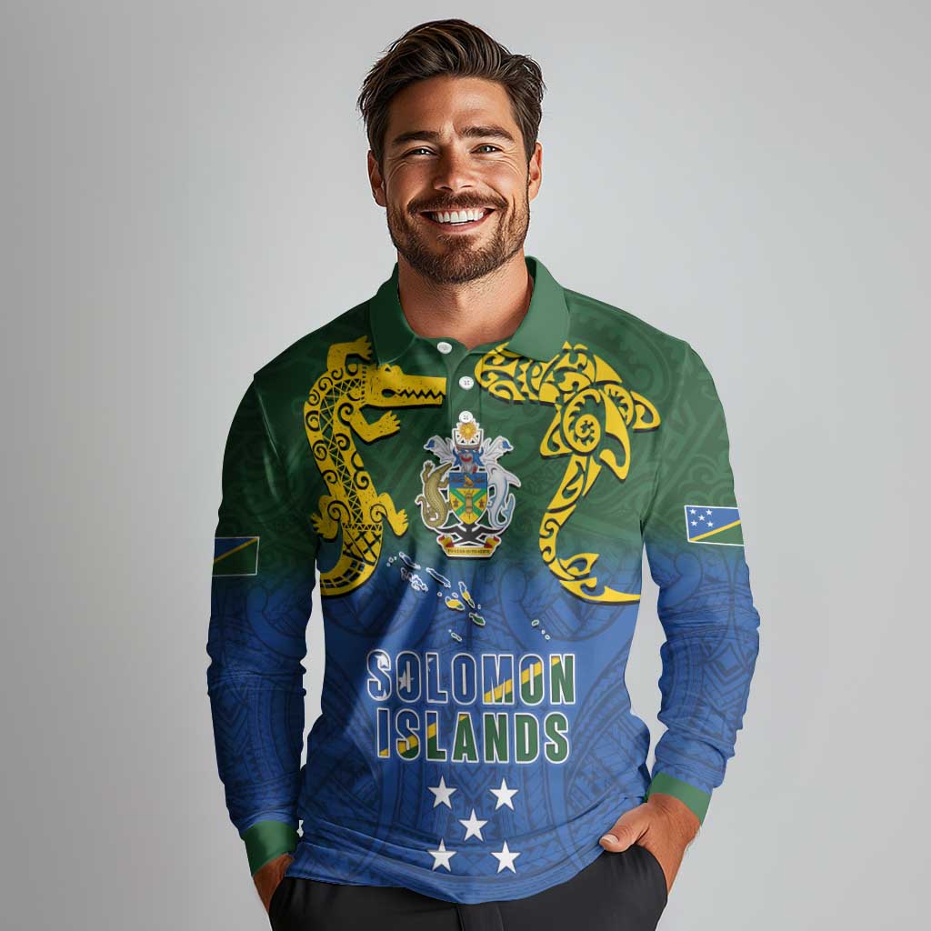 Solomon Islands Long Sleeve Polo Shirt The Guardians-Tribal Crocodile and Shark Melanesian Tattoo