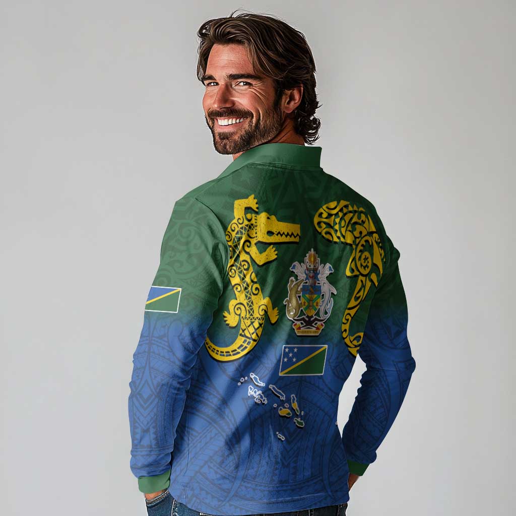 Solomon Islands Long Sleeve Polo Shirt The Guardians-Tribal Crocodile and Shark Melanesian Tattoo