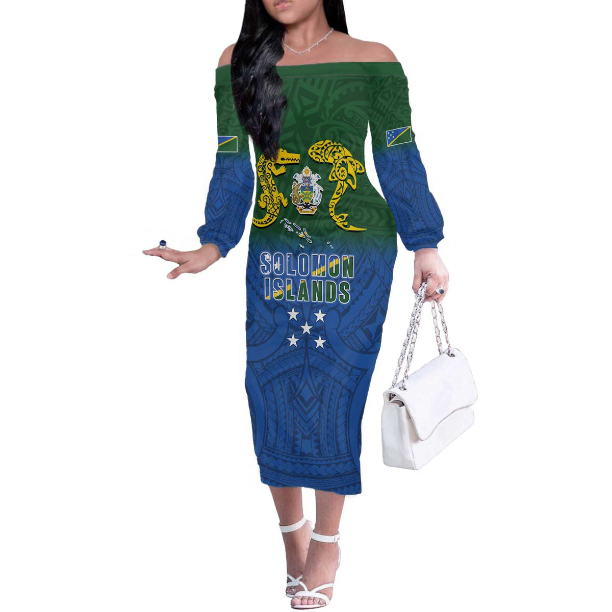 Solomon Islands Off The Shoulder Long Sleeve Dress The Guardians-Tribal Crocodile and Shark Melanesian Tattoo LT03 Women Green - Polynesian Pride