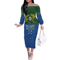 Solomon Islands Off The Shoulder Long Sleeve Dress The Guardians-Tribal Crocodile and Shark Melanesian Tattoo LT03 Women Green - Polynesian Pride