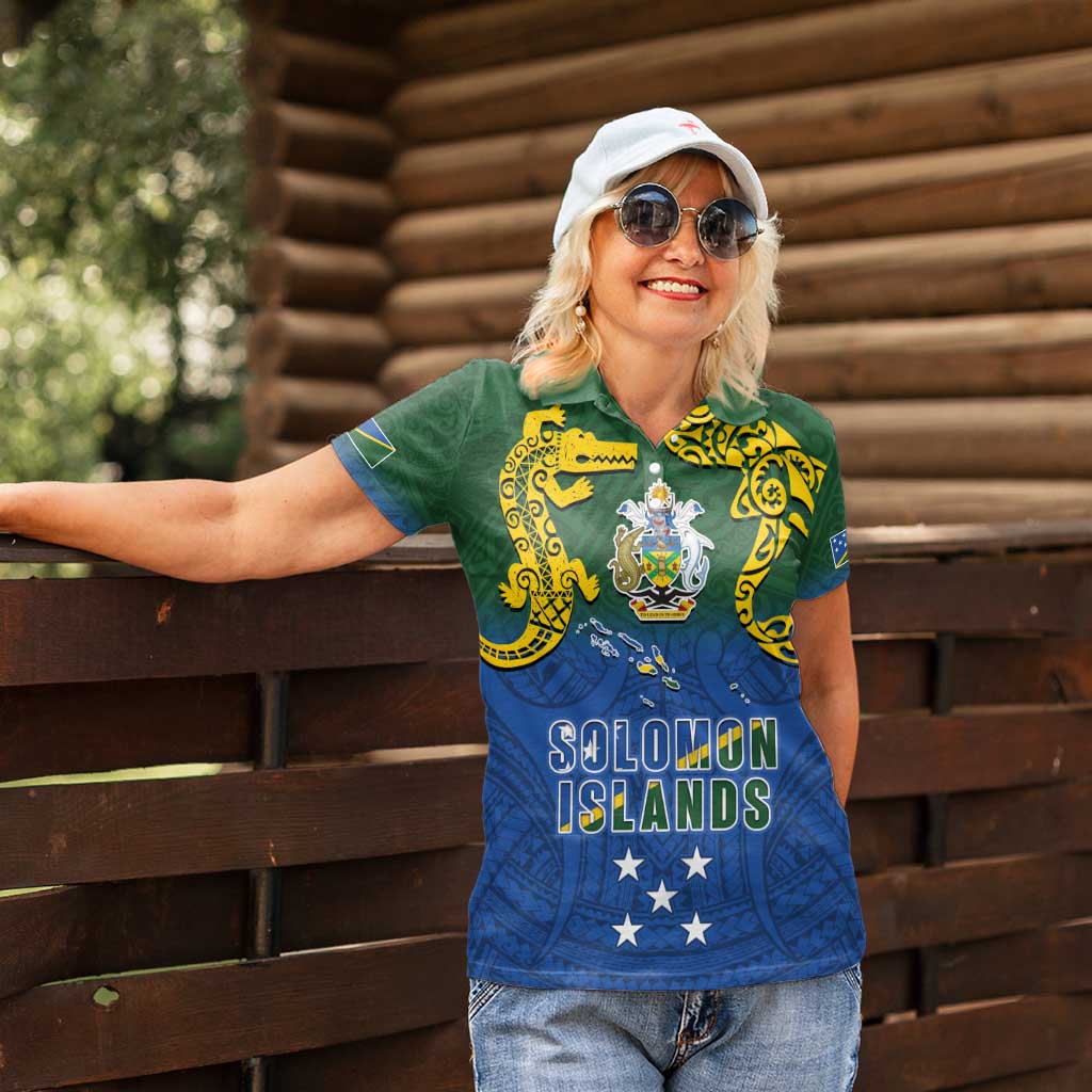 Solomon Islands Women Polo Shirt The Guardians-Tribal Crocodile and Shark Melanesian Tattoo LT03 - Polynesian Pride