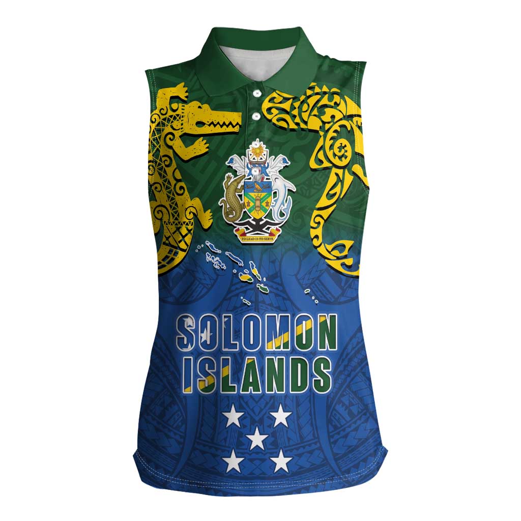 Solomon Islands Women Sleeveless Polo Shirt The Guardians-Tribal Crocodile and Shark Melanesian Tattoo