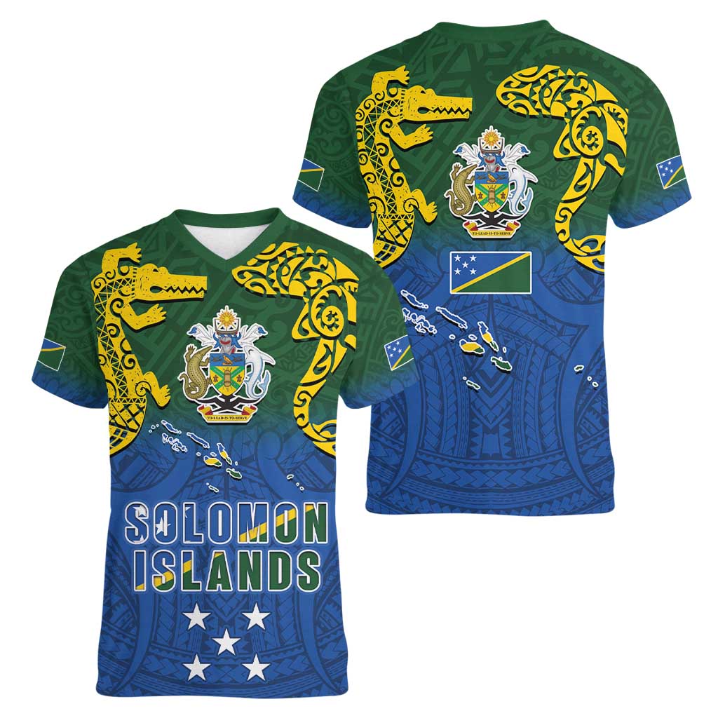 Solomon Islands Women V-Neck T-Shirt The Guardians-Tribal Crocodile and Shark Melanesian Tattoo LT03 - Polynesian Pride