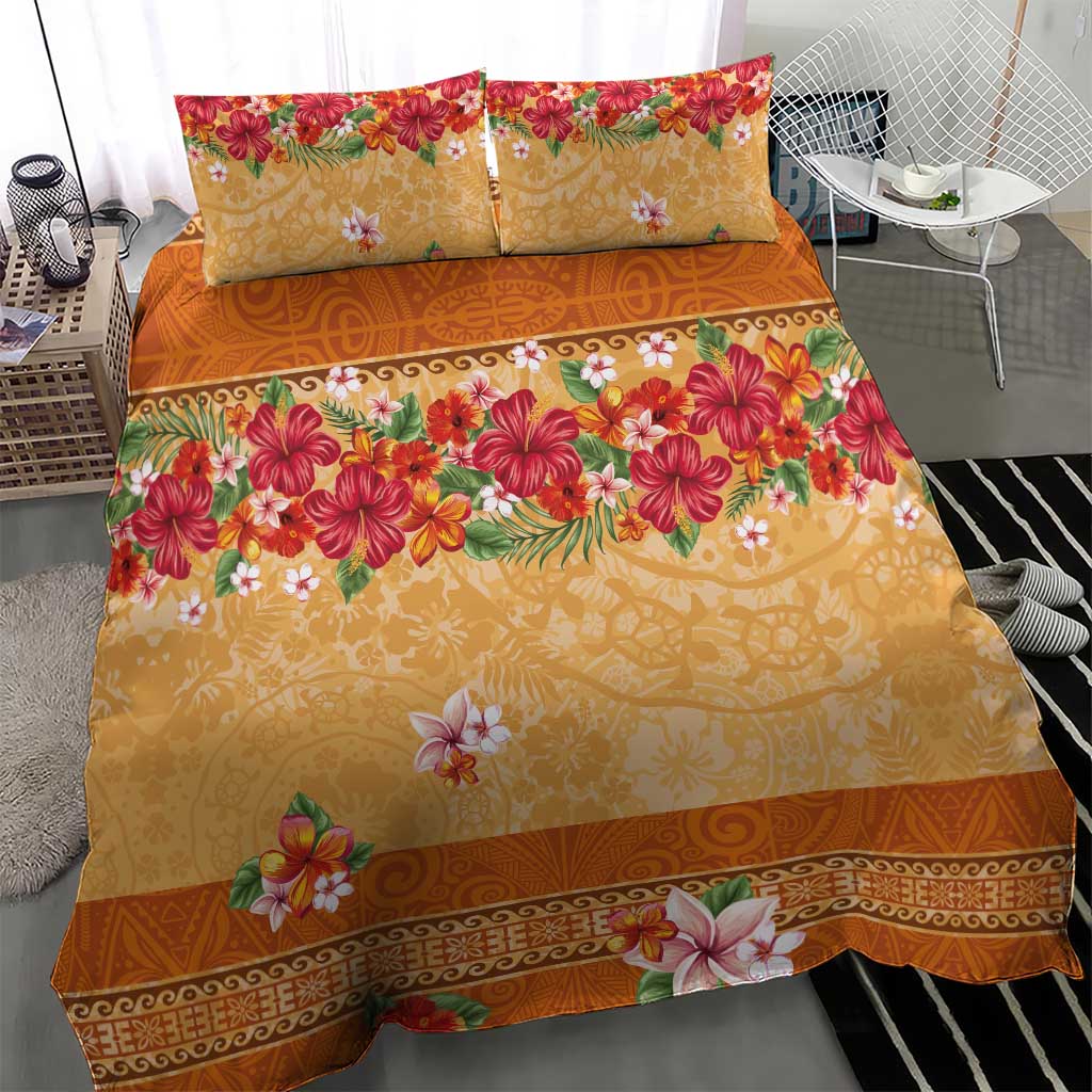 Hawaii Hibiscus Bedding Set Turtles and Tribal Motifs Vintage Floral Style