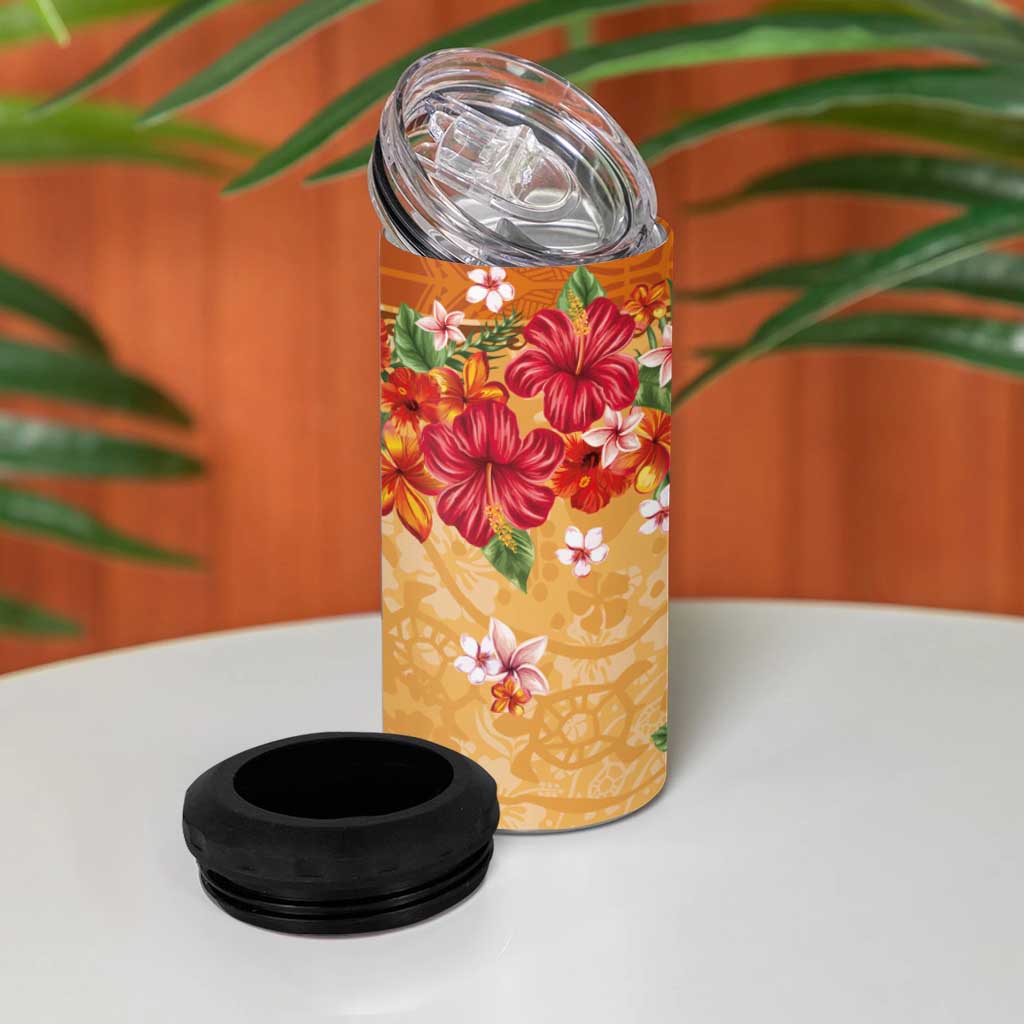 Hawaii Hibiscus 4 in 1 Can Cooler Tumbler Turtles and Tribal Motifs Vintage Floral Style LT03 - Polynesian Pride