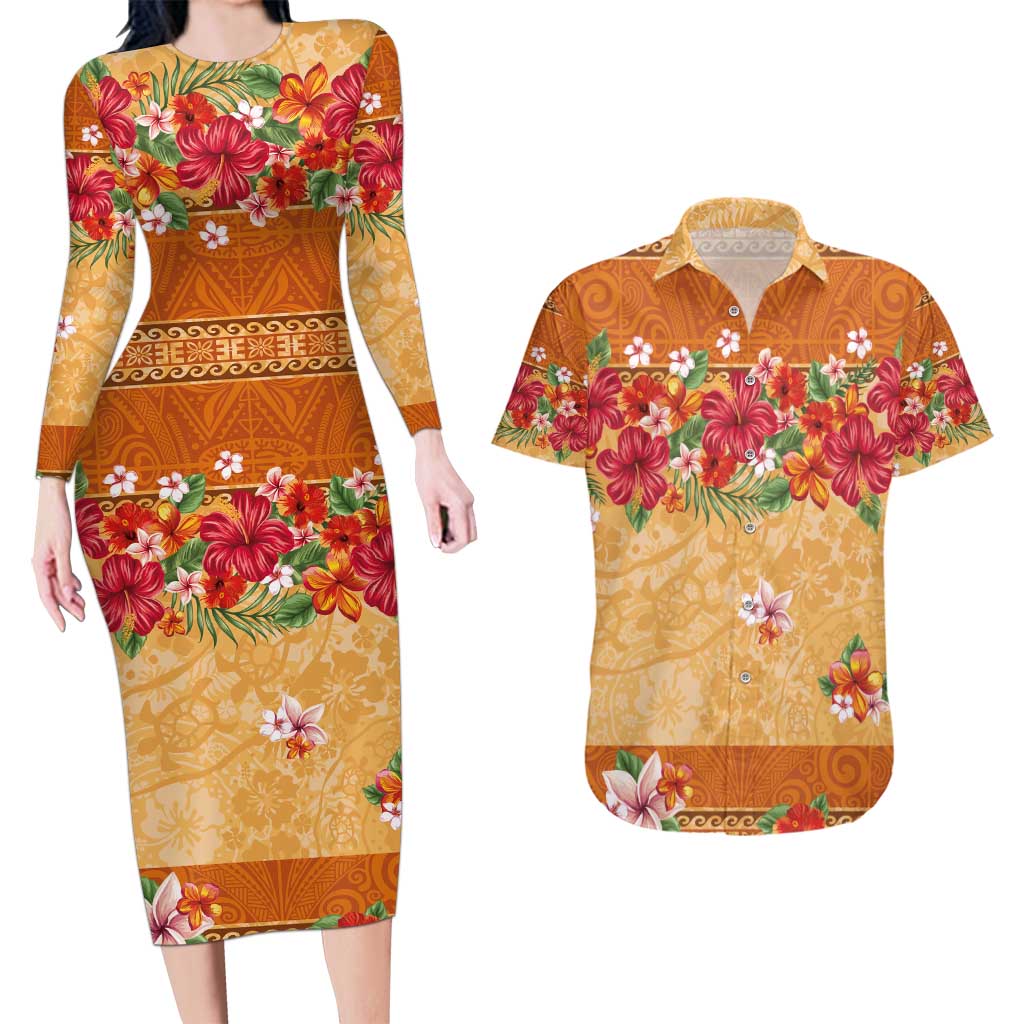 Hawaii Hibiscus Couples Matching Long Sleeve Bodycon Dress and Hawaiian Shirt Turtles and Tribal Motifs Vintage Floral Style LT03 Yellow - Polynesian Pride